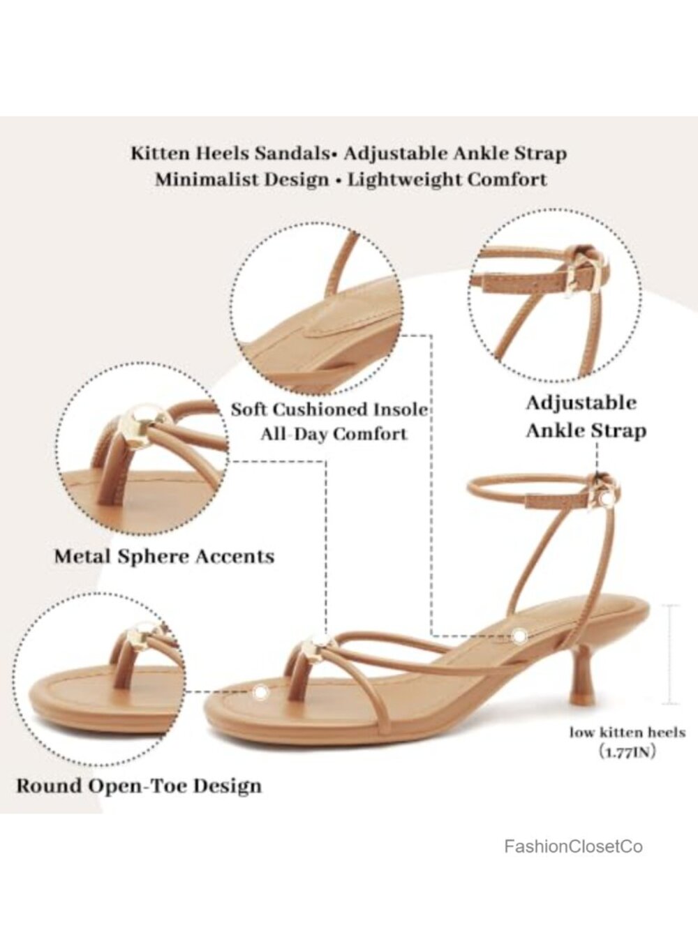 Strappy Kitten Heels Open Toe Low Heel Dress Sandals with Ankle Strap - Picture 4 of 5